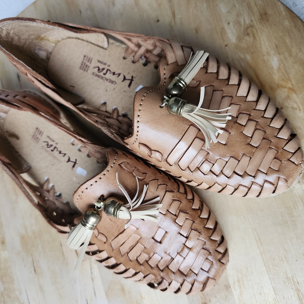 Tan Leather Flats with Intricate Woven Design